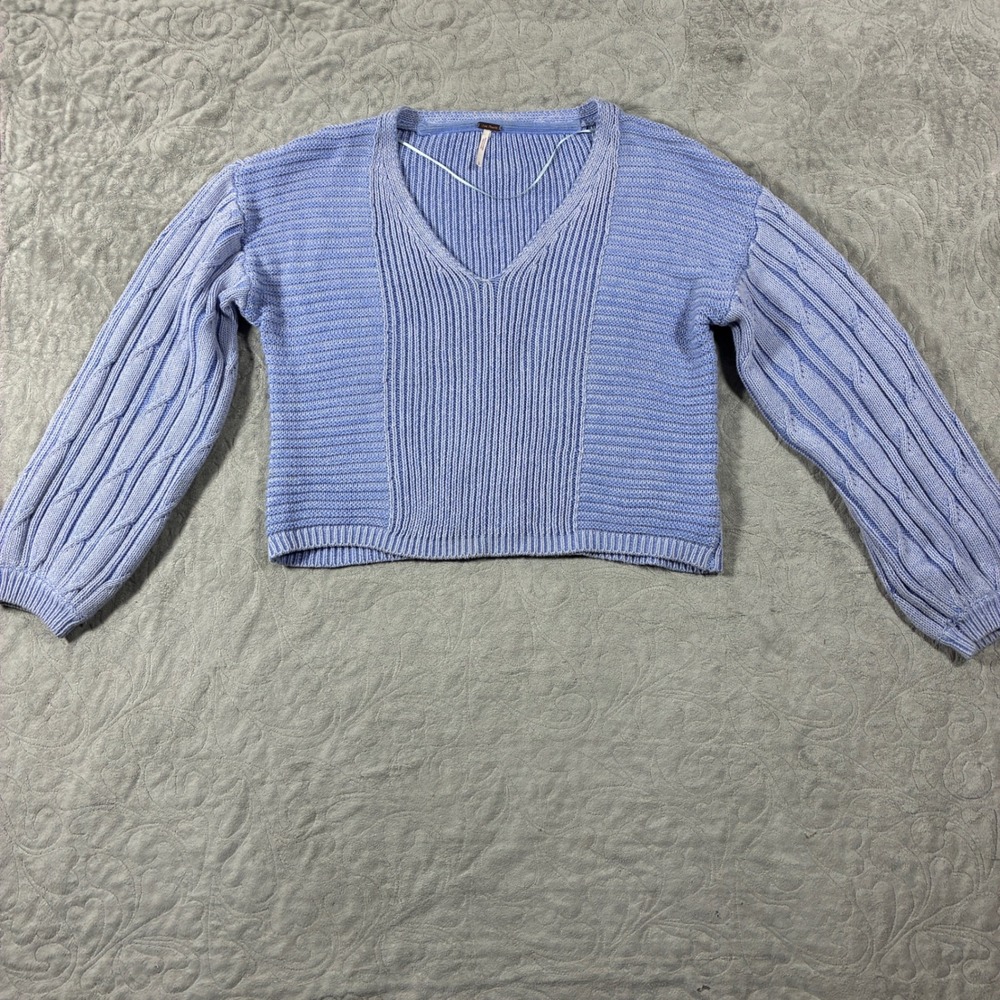 Free People When It Rains Cropped Sweater Size S Cable Knit Balloon Sleeve Blue
